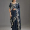Navy Blue Organza Saree With Embellished Blouse