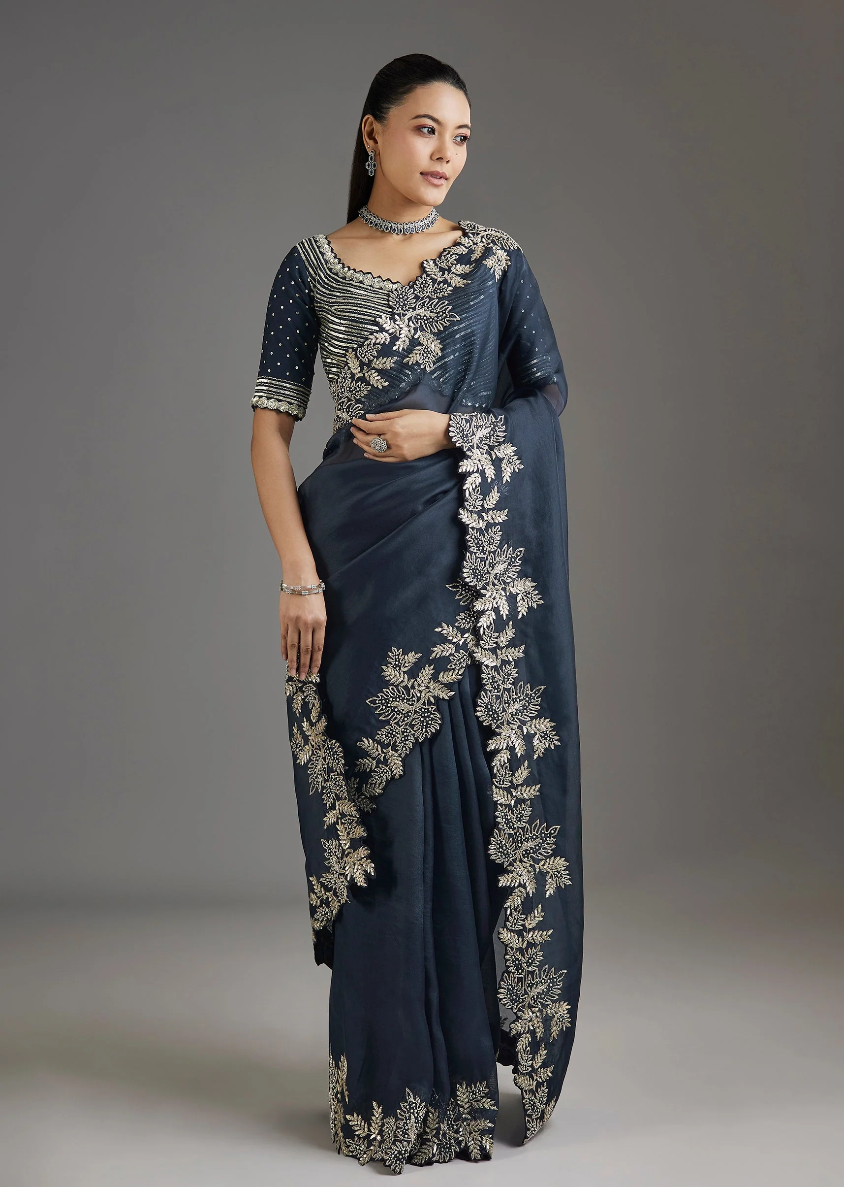7193-navy-blue-organza-saree-with-embellished-blouse-1.webp Navy Blue Organza Saree With Embellished Blouse