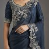 Navy Blue Organza Saree With Embellished Blouse