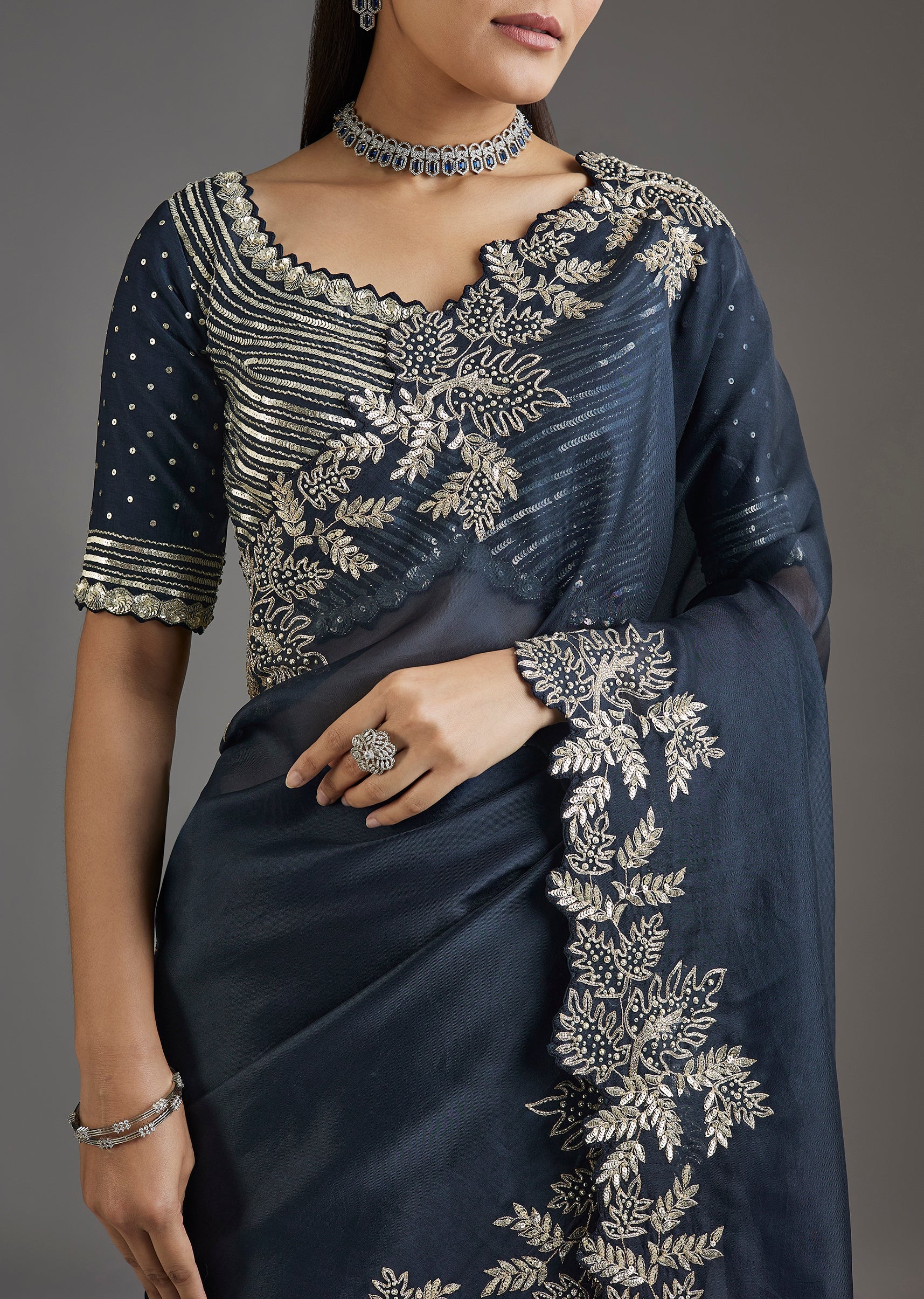 Navy Blue Organza Saree With Embellished Blouse