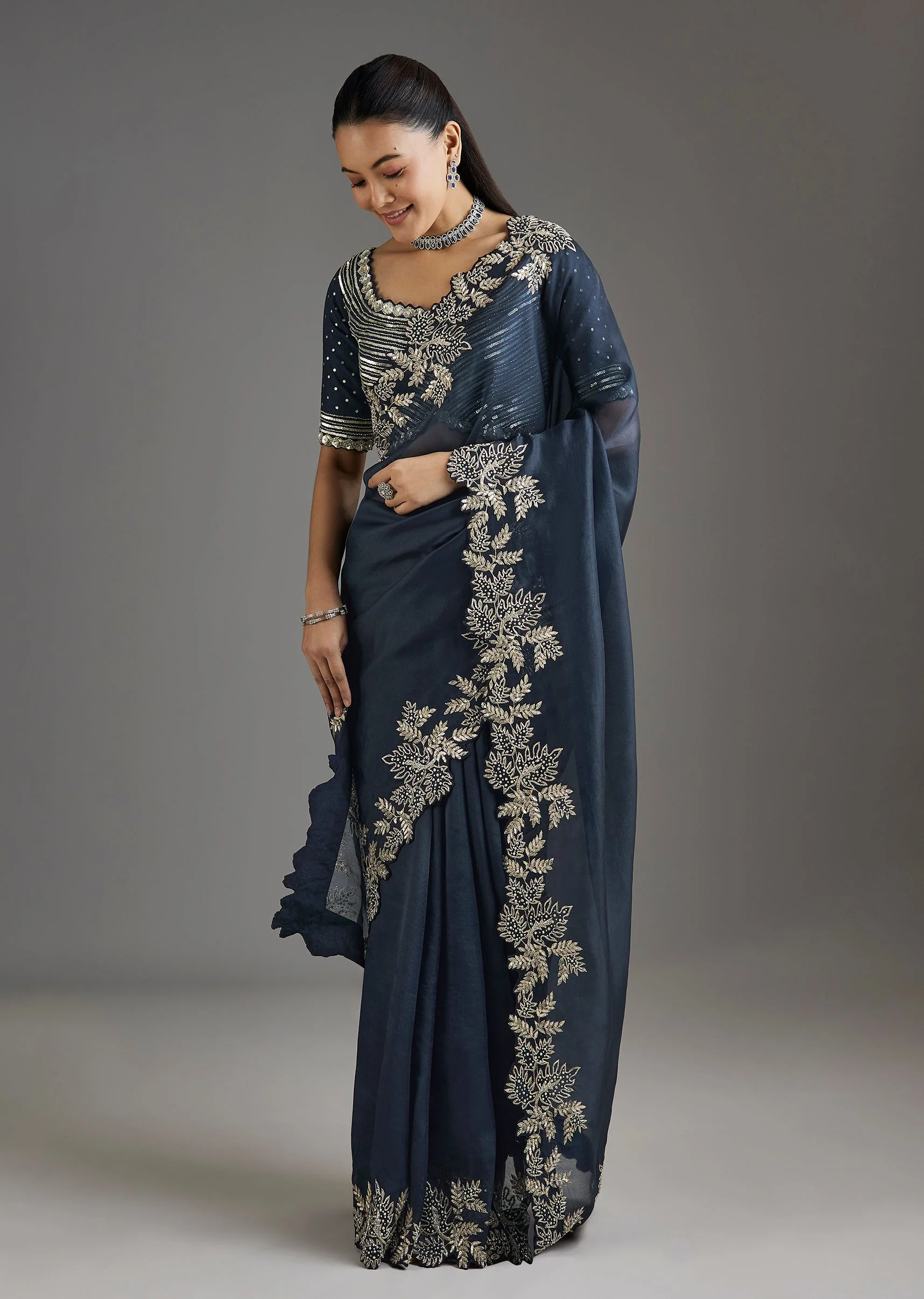 Navy Blue Organza Saree With Embellished Blouse