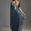 Navy Blue Organza Saree With Embellished Blouse