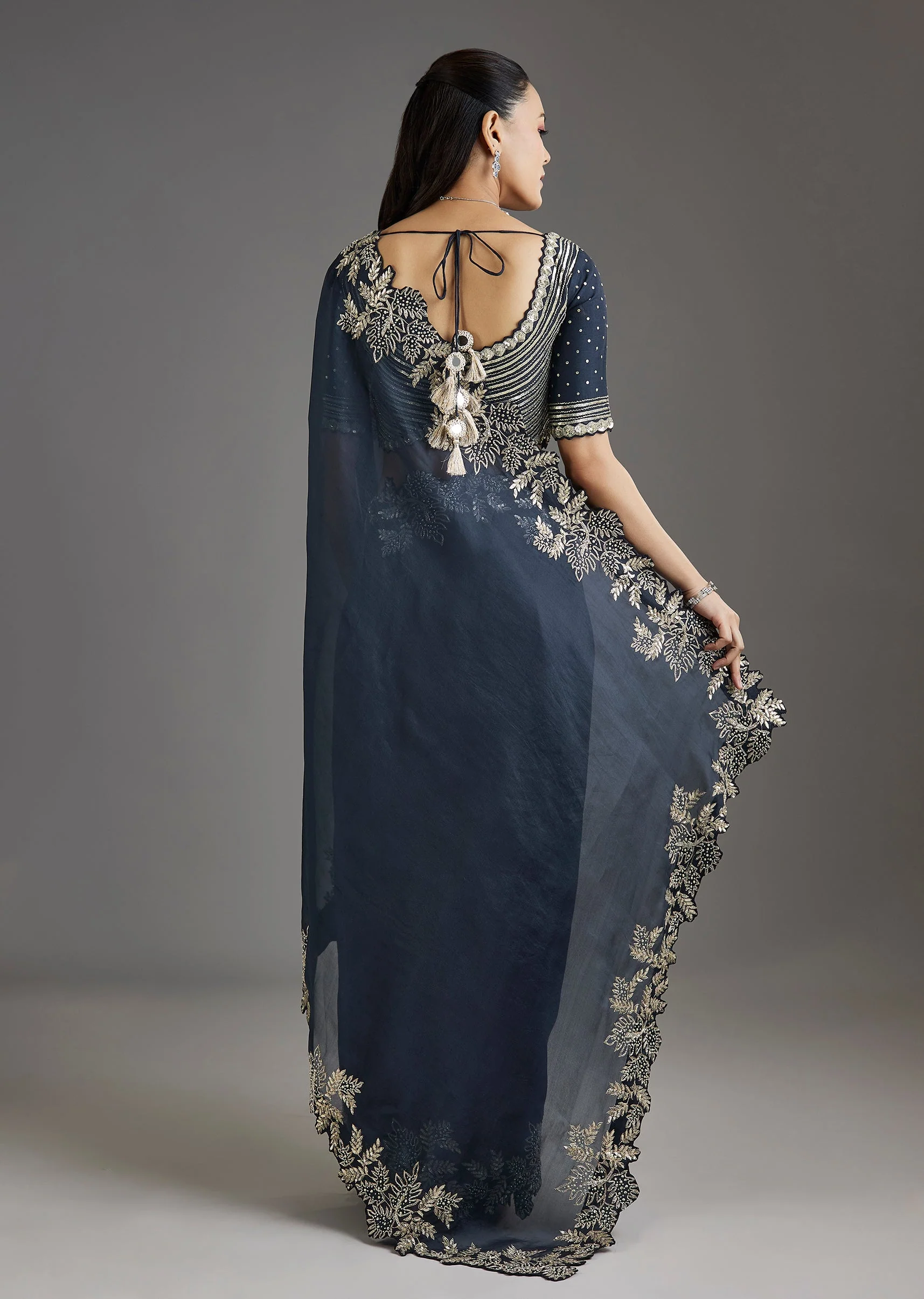 Navy Blue Organza Saree With Embellished Blouse