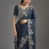 Navy Blue Organza Saree With Embellished Blouse