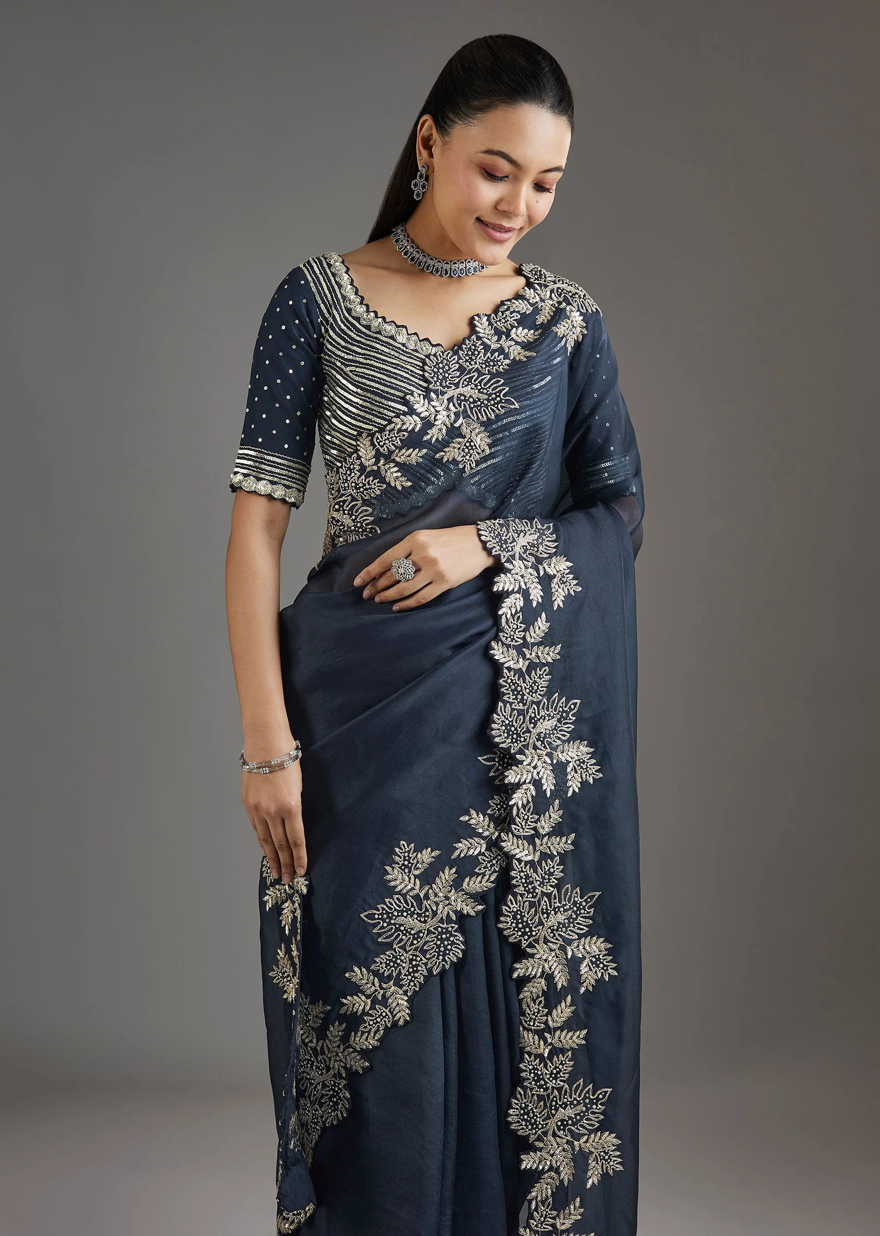 Navy Blue Organza Saree With Embellished Blouse