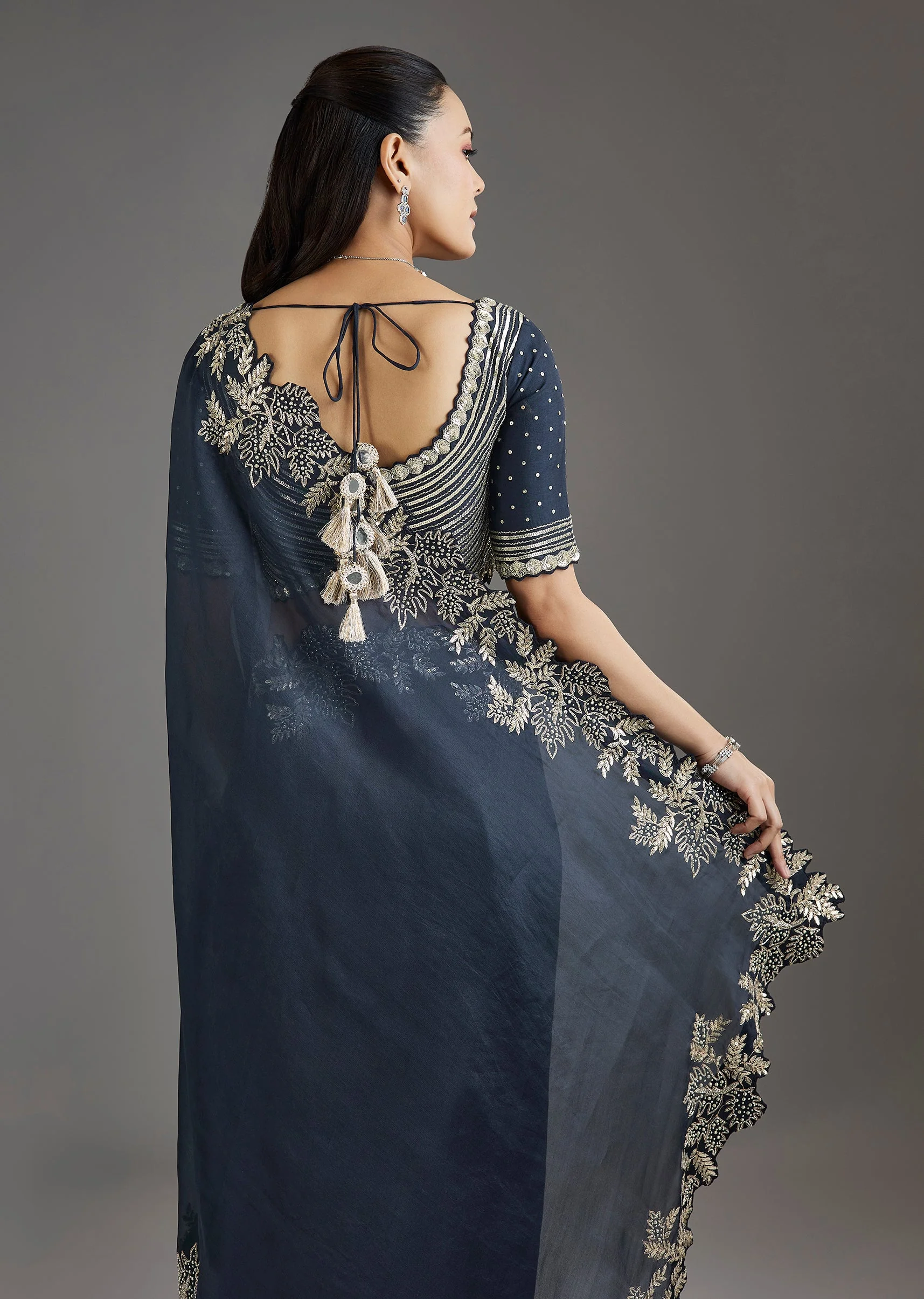 Navy Blue Organza Saree With Embellished Blouse