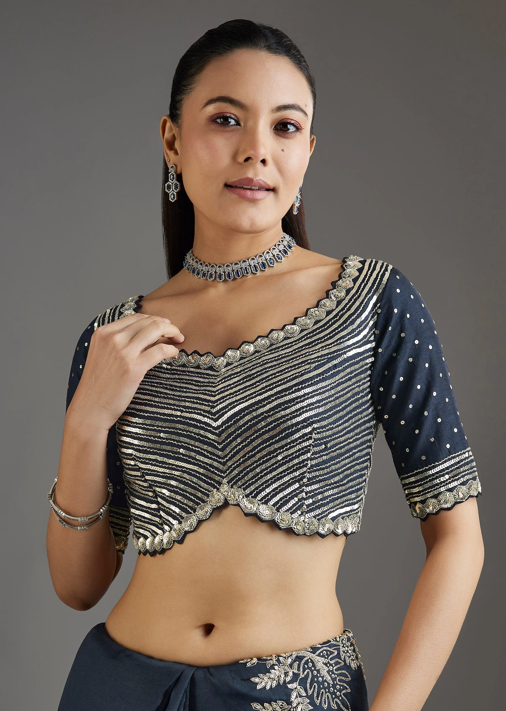 Navy Blue Organza Saree With Embellished Blouse