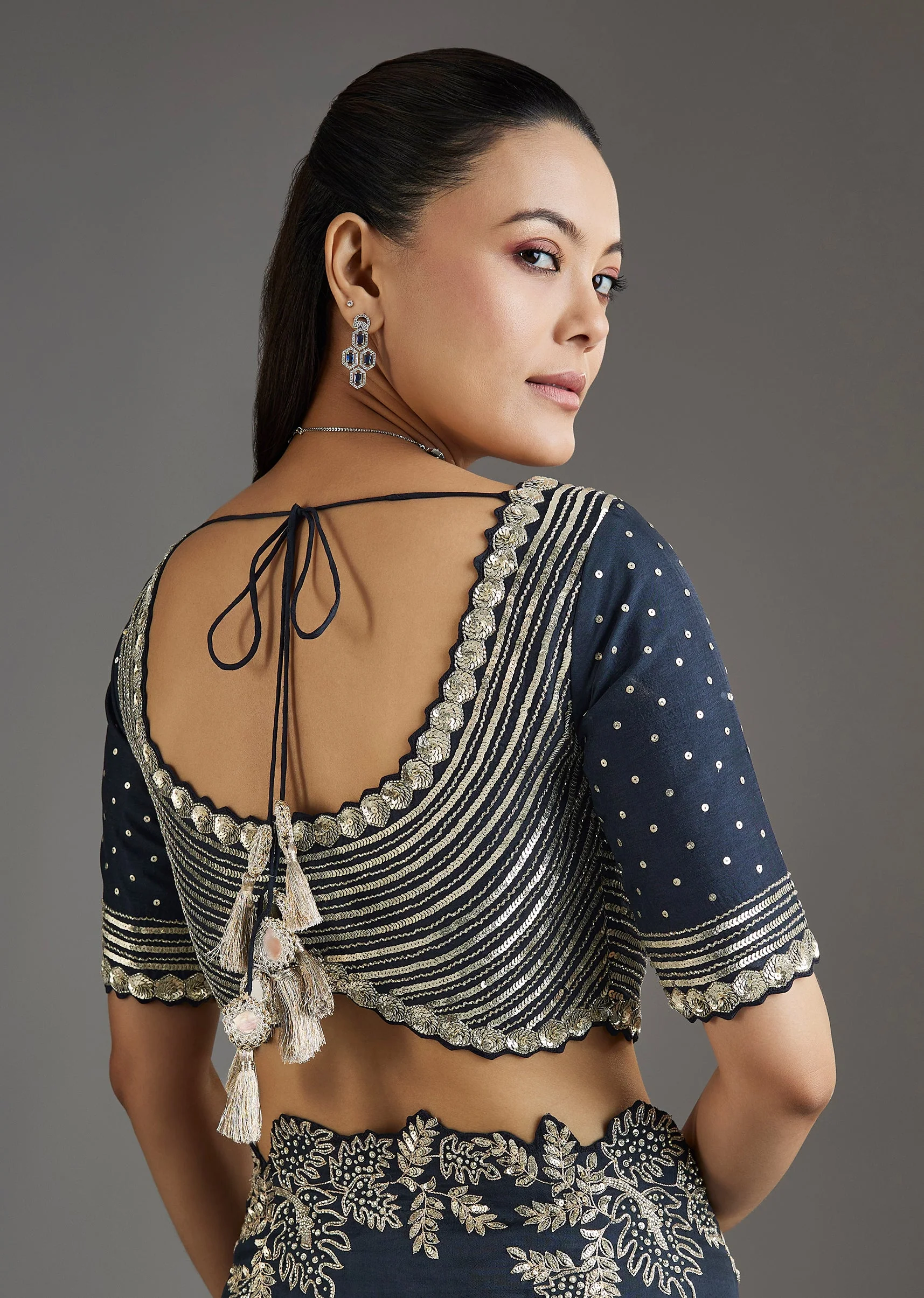 Navy Blue Organza Saree With Embellished Blouse