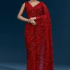 Red Heavy Embroidered Net Saree With Floral Work And Tasselled Pallu
