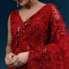 Red Heavy Embroidered Net Saree With Floral Work And Tasselled Pallu