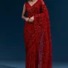 Red Heavy Embroidered Net Saree With Floral Work And Tasselled Pallu