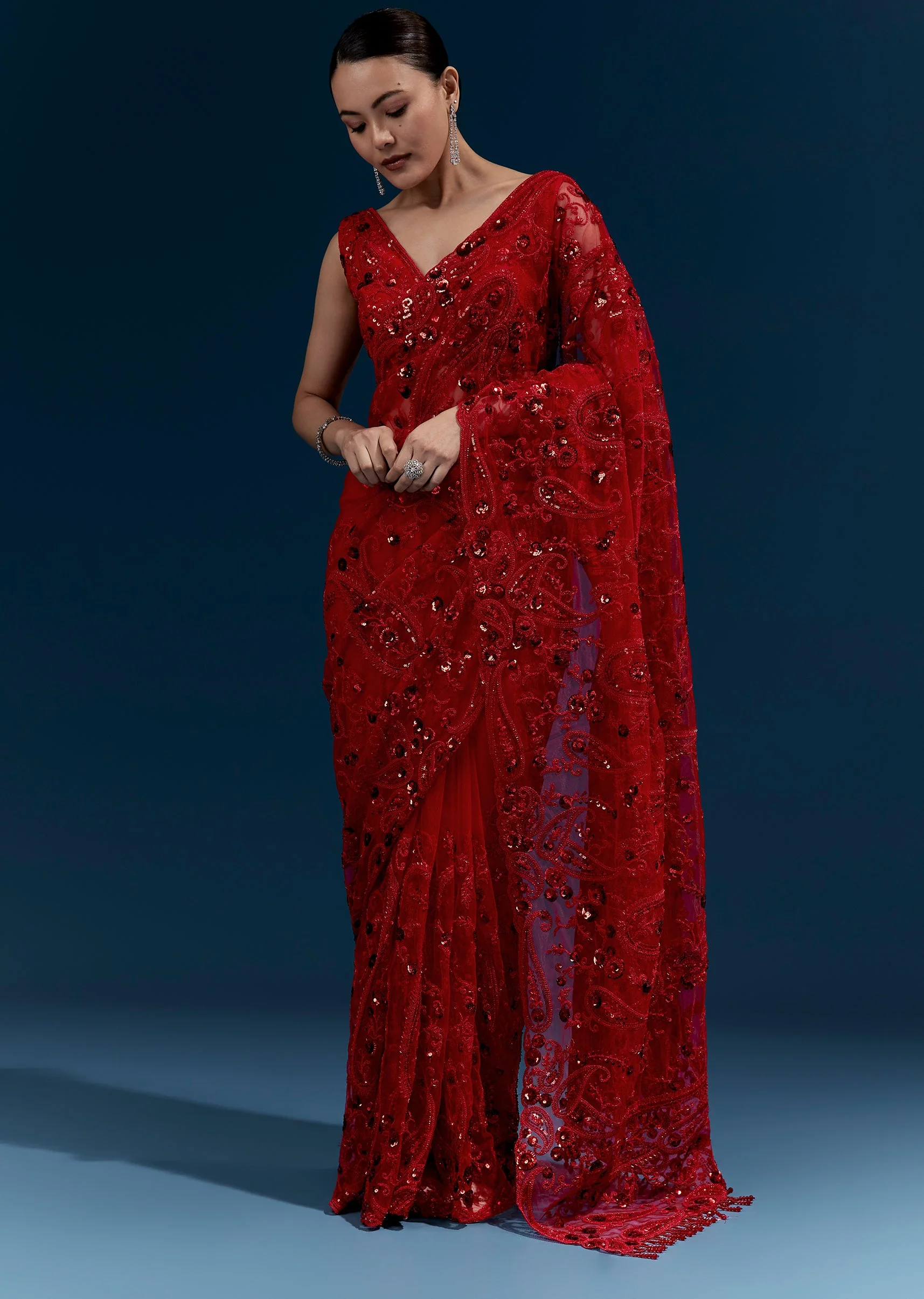 Red Heavy Embroidered Net Saree With Floral Work And Tasselled Pallu