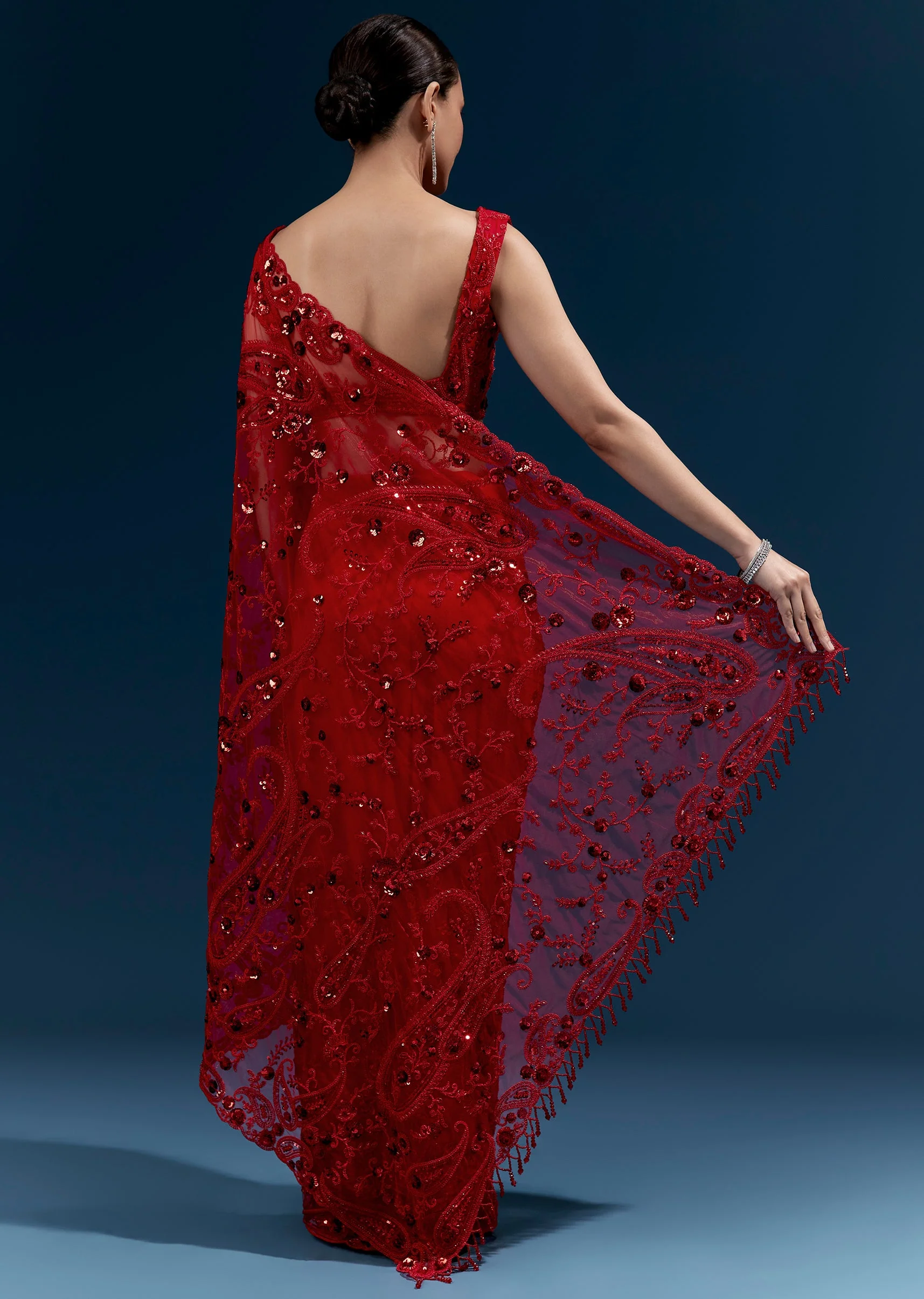 Red Heavy Embroidered Net Saree With Floral Work And Tasselled Pallu