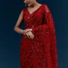 Red Heavy Embroidered Net Saree With Floral Work And Tasselled Pallu