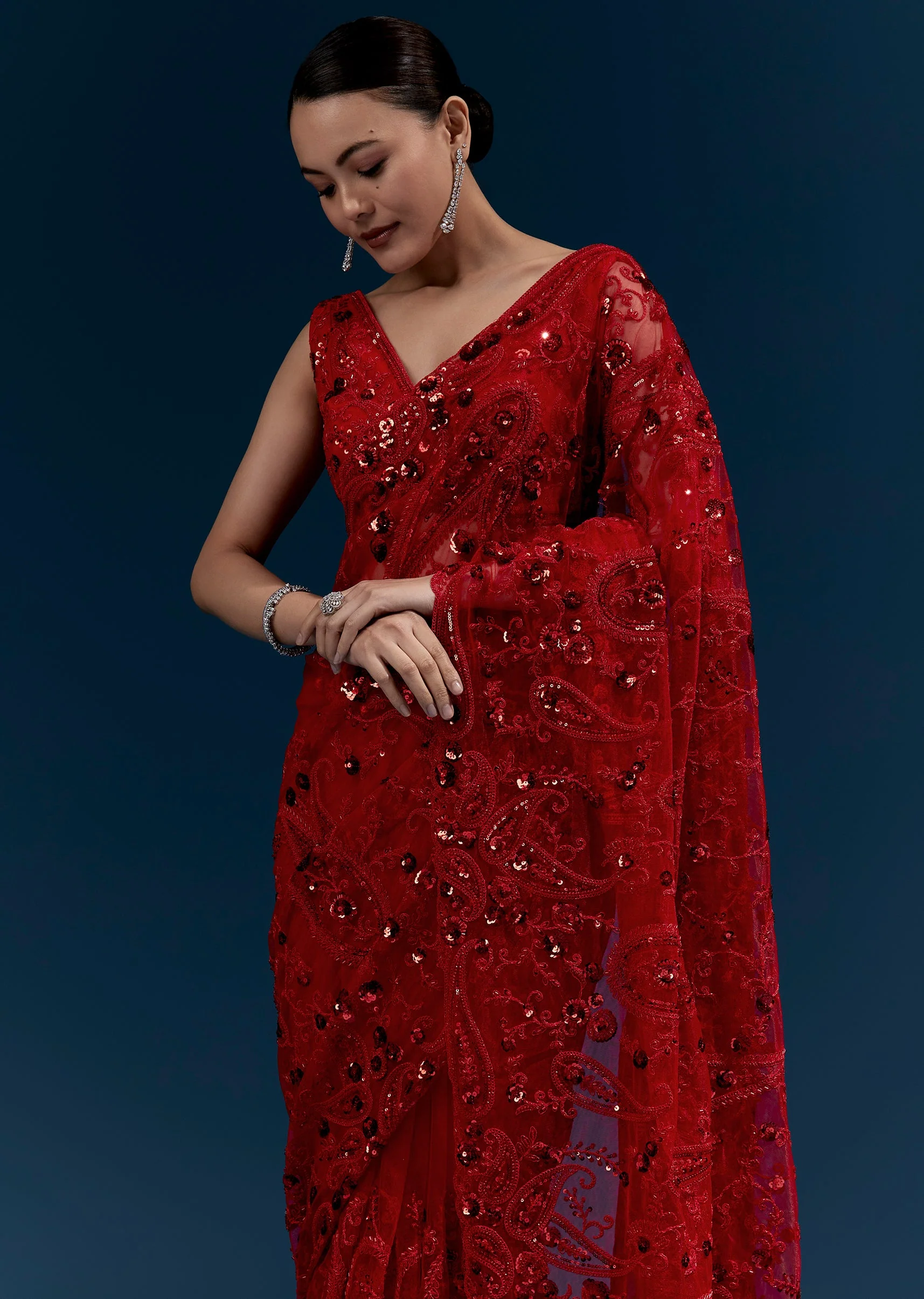 Red Heavy Embroidered Net Saree With Floral Work And Tasselled Pallu