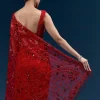 Red Heavy Embroidered Net Saree With Floral Work And Tasselled Pallu