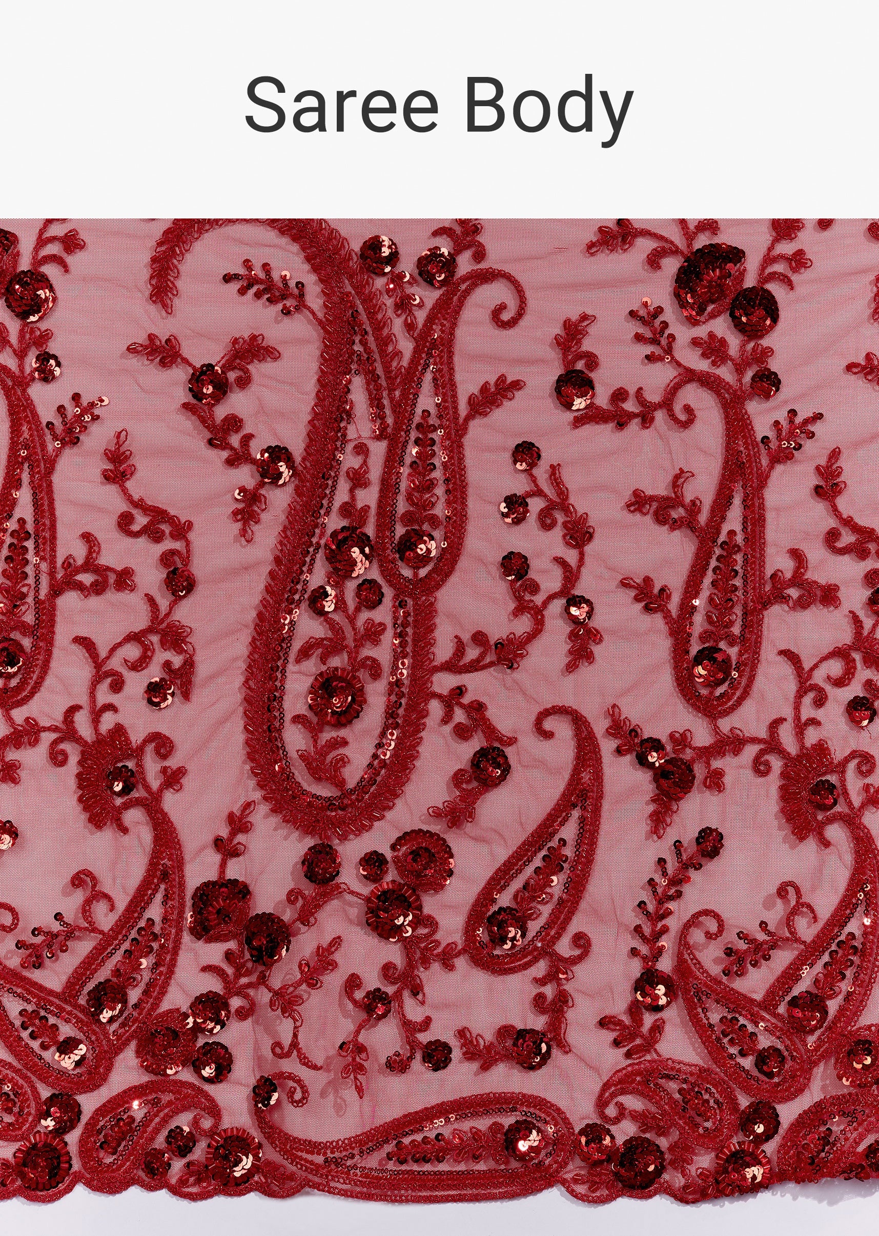Red Heavy Embroidered Net Saree With Floral Work And Tasselled Pallu