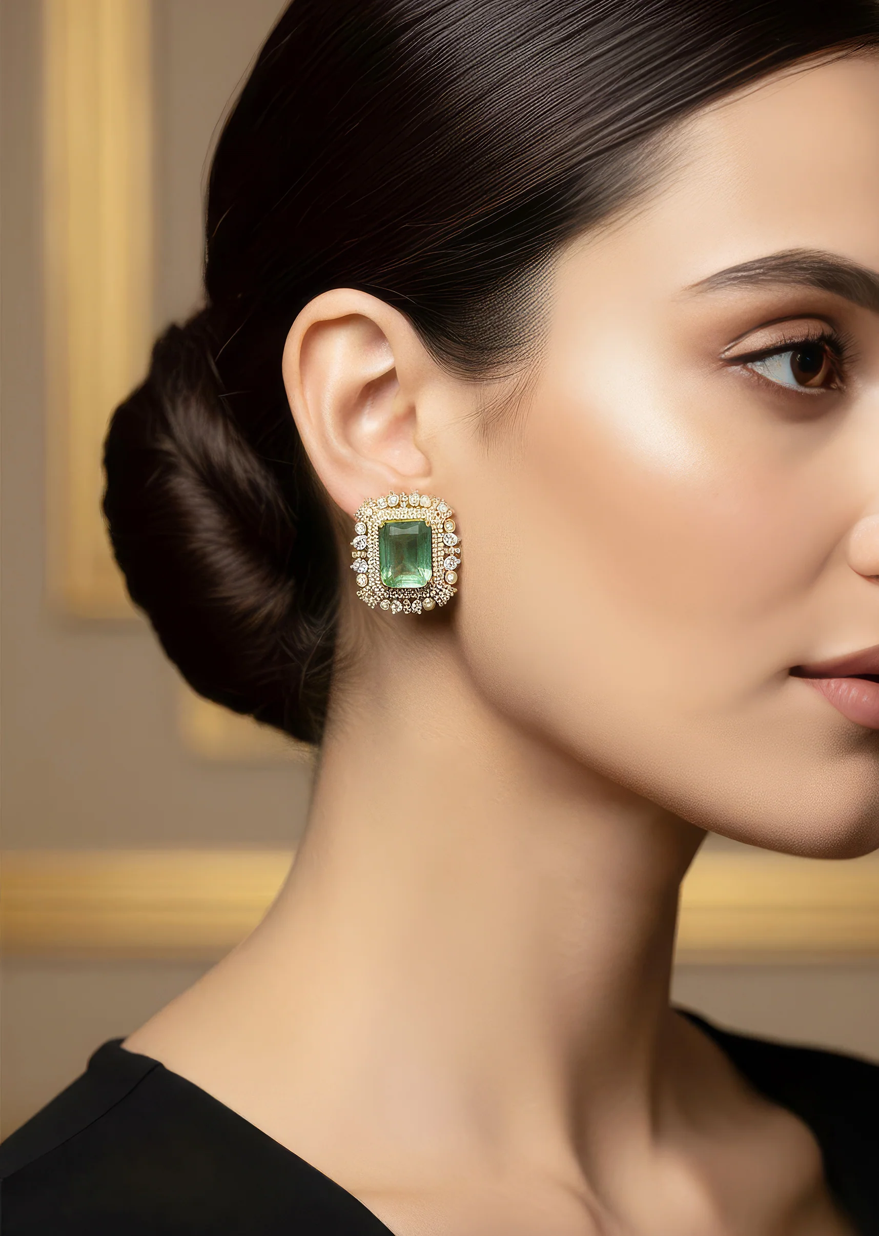 723-gold-finish-earrings-in-polki-with-green-stone-and-cubic-zirconia-detailing-1.webp Gold Finish Earrings In Polki With Green Stone And Cubic Zirconia Detailing