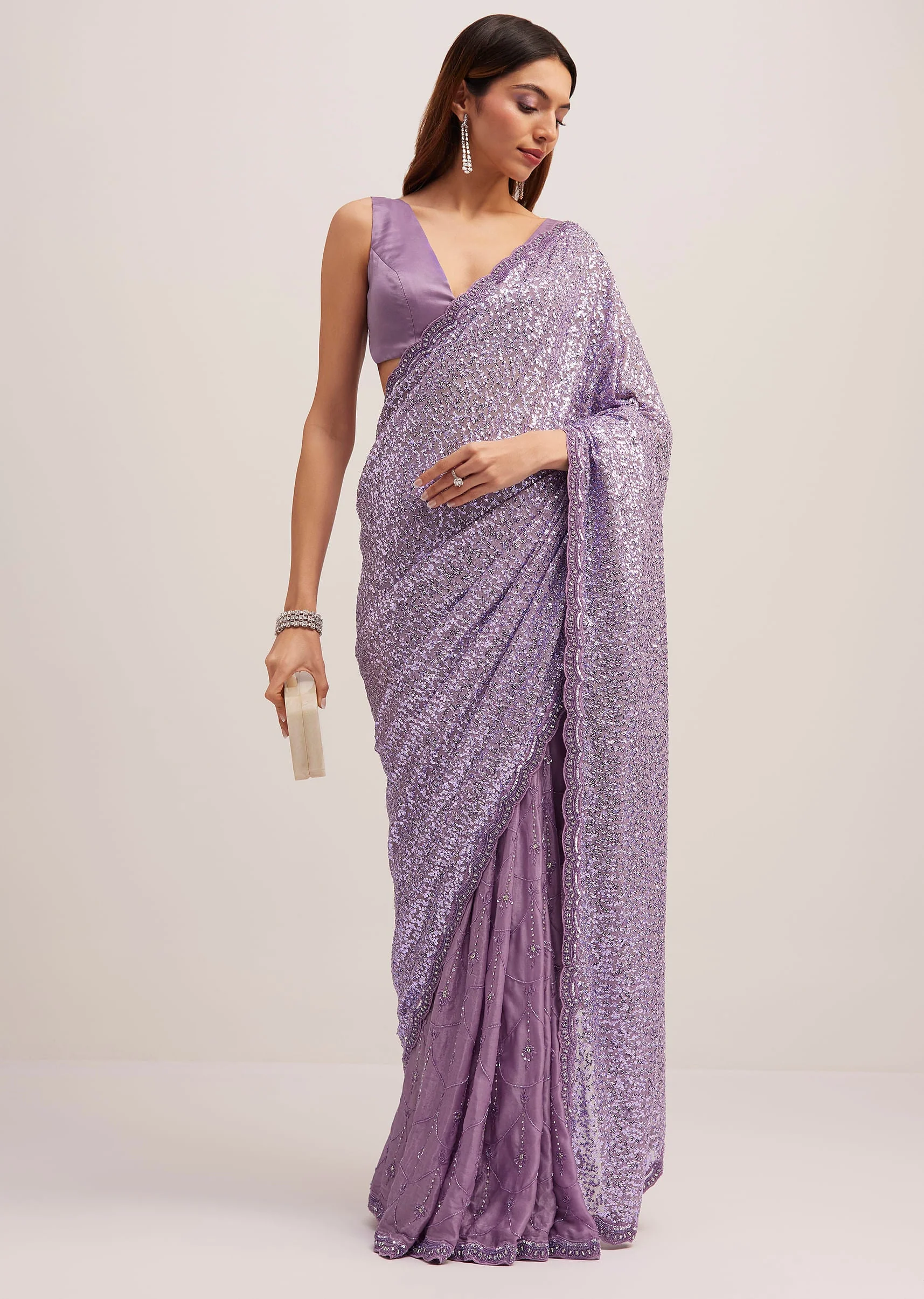 Lavender Half And Half Sequins Saree