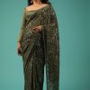 7257-army-green-saree-in-sequins-and-organza-with-detailed-embroidery-1.jpg Army Green Saree In Sequins And Organza With Detailed Embroidery