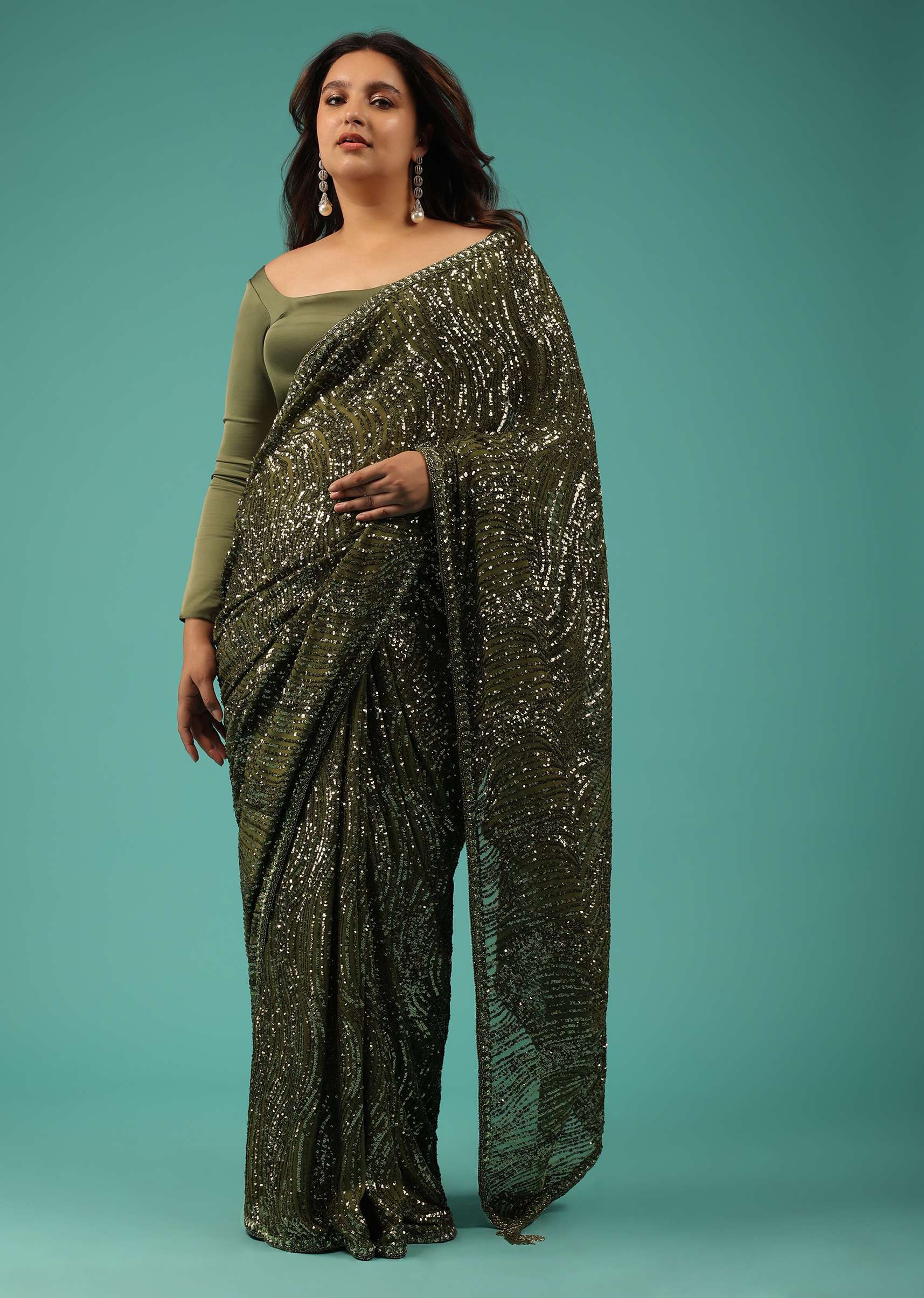 7257-army-green-saree-in-sequins-and-organza-with-detailed-embroidery-1.jpg Army Green Saree In Sequins And Organza With Detailed Embroidery