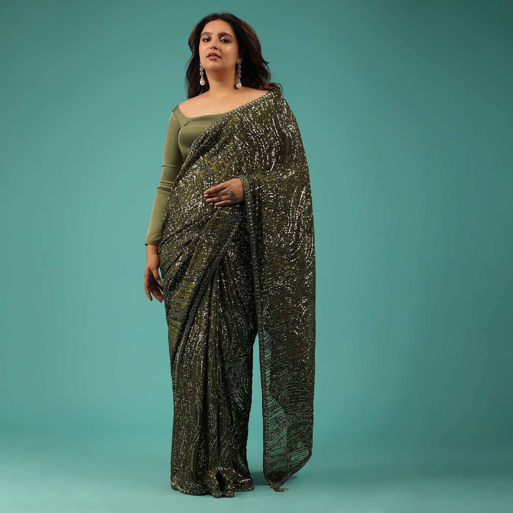 7257-army-green-saree-in-sequins-and-organza-with-detailed-embroidery-8.jpg Army Green Saree In Sequins And Organza With Detailed Embroidery