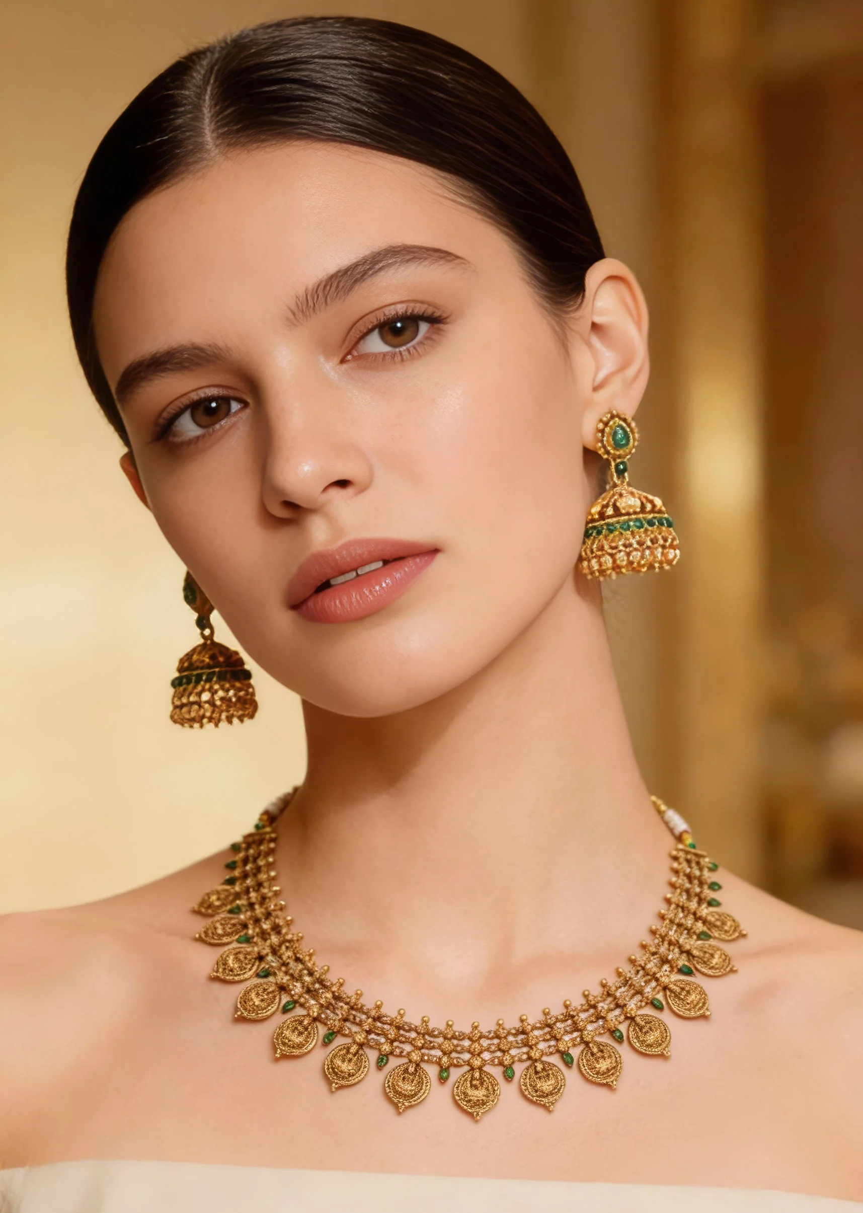 727-gold-finish-necklace-set-with-temple-style-motifs-and-green-simulated-stones-1.webp Gold Finish Necklace Set With Temple Style Motifs And Green Simulated Stones