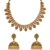 727-gold-finish-necklace-set-with-temple-style-motifs-and-green-simulated-stones-2.webp Gold Finish Necklace Set With Temple Style Motifs And Green Simulated Stones