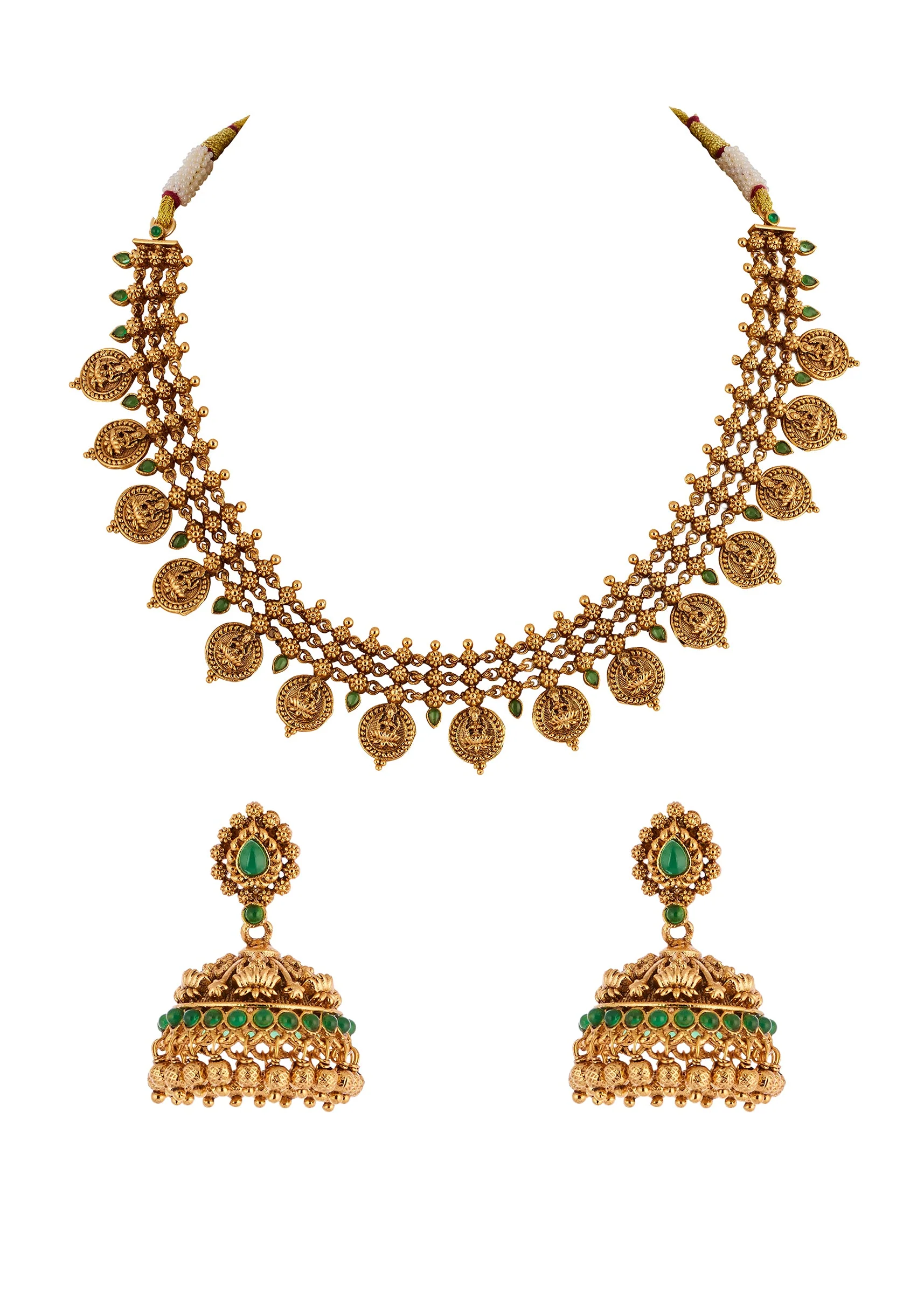 727-gold-finish-necklace-set-with-temple-style-motifs-and-green-simulated-stones-2.webp Gold Finish Necklace Set With Temple Style Motifs And Green Simulated Stones