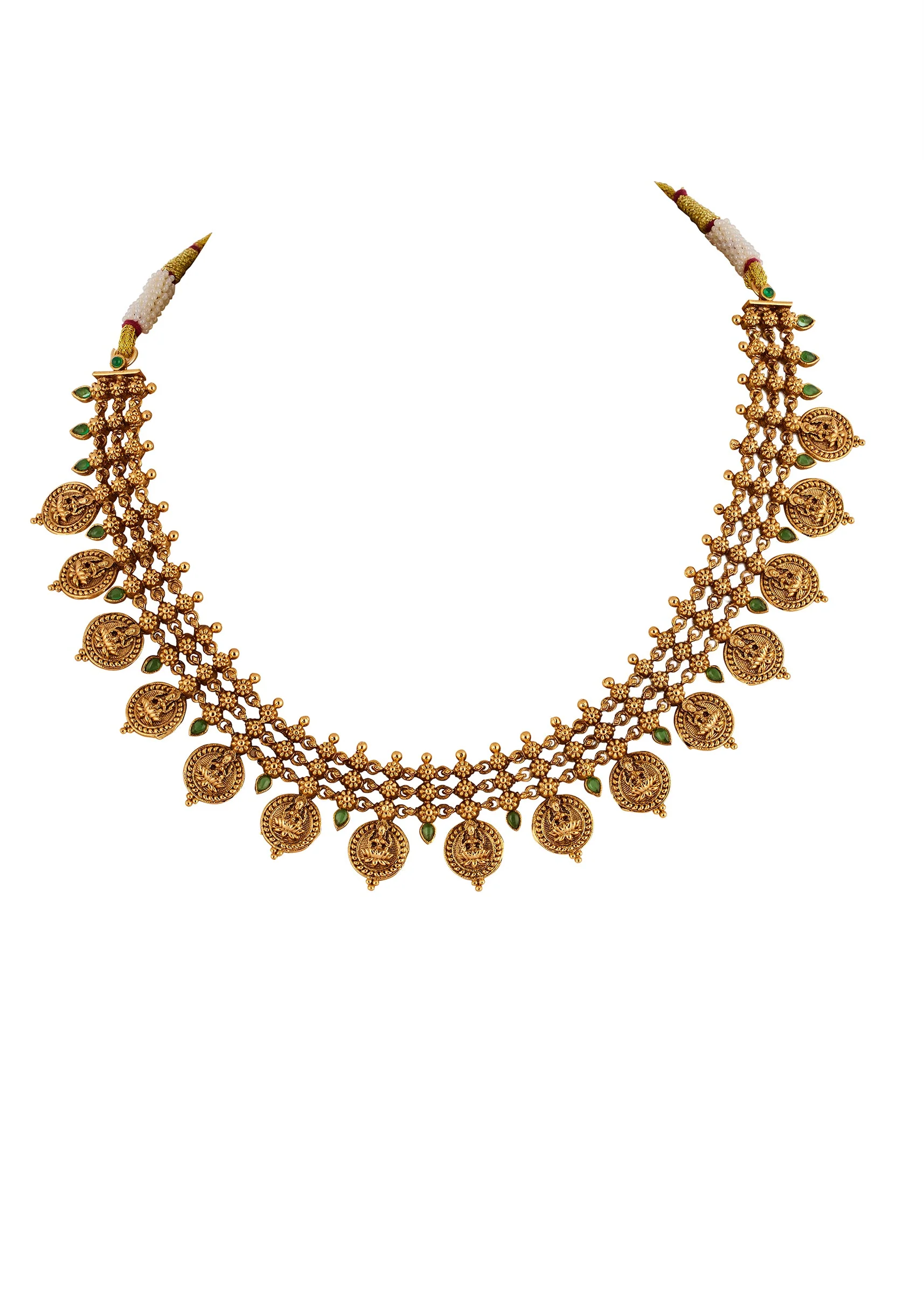 727-gold-finish-necklace-set-with-temple-style-motifs-and-green-simulated-stones-3.webp Gold Finish Necklace Set With Temple Style Motifs And Green Simulated Stones