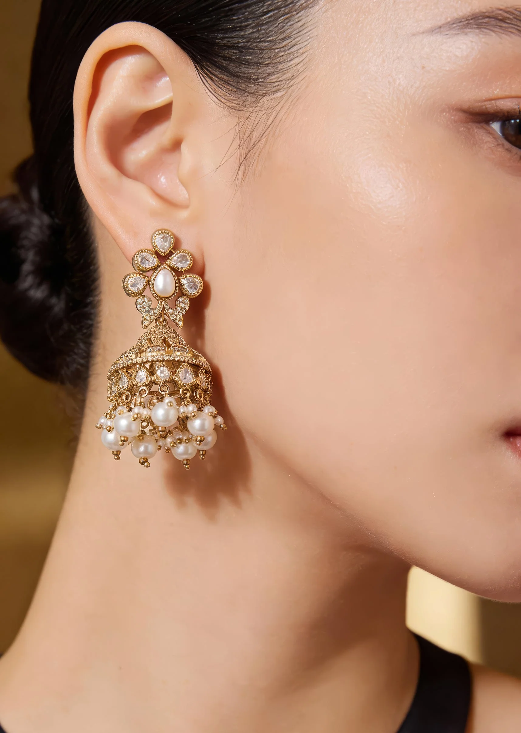 728-gold-finish-jhumka-earrings-in-polki-with-white-simulated-pearls-1.webp Gold Finish Jhumka Earrings In Polki With White Simulated Pearls