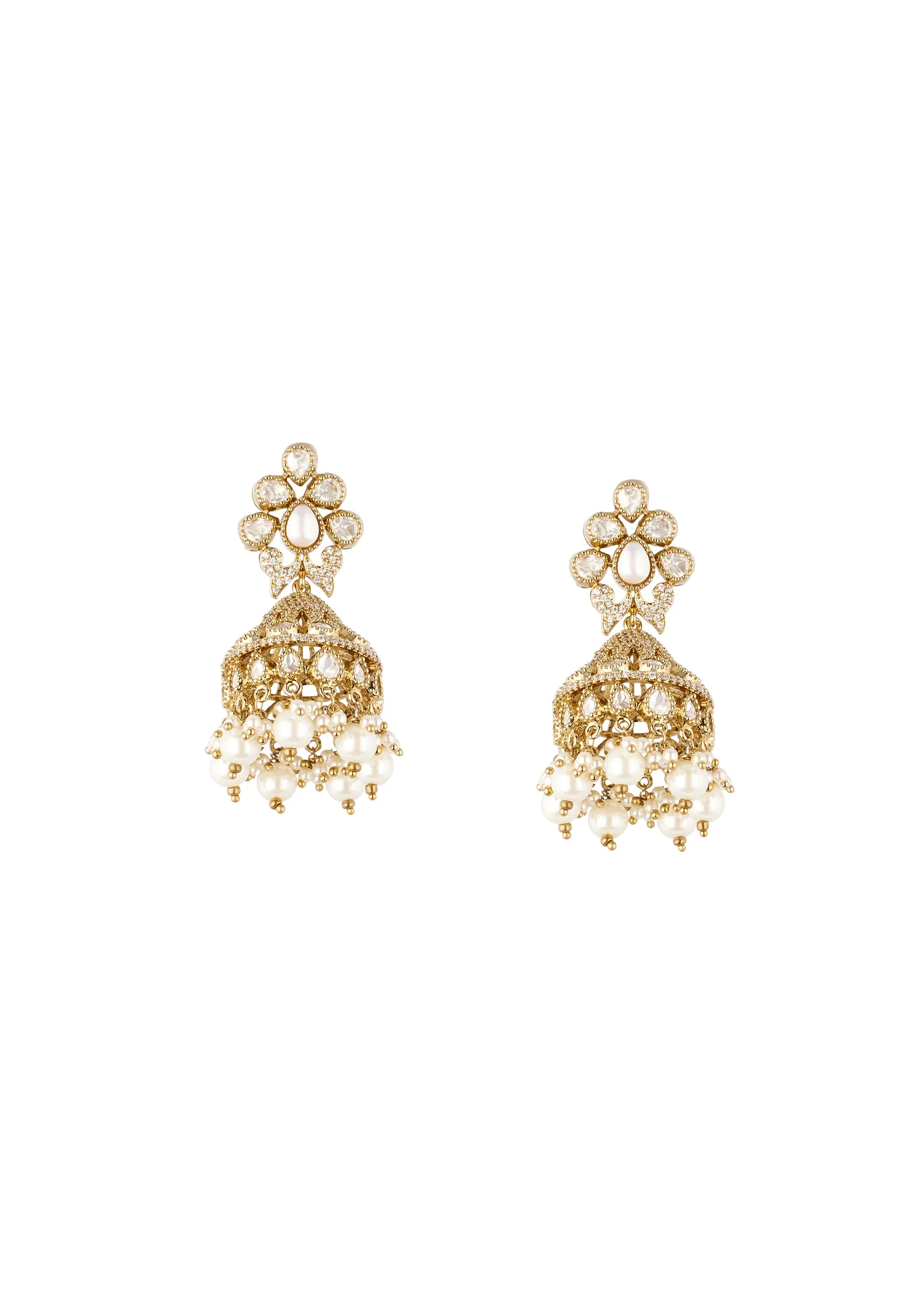 728-gold-finish-jhumka-earrings-in-polki-with-white-simulated-pearls-2.webp Gold Finish Jhumka Earrings In Polki With White Simulated Pearls