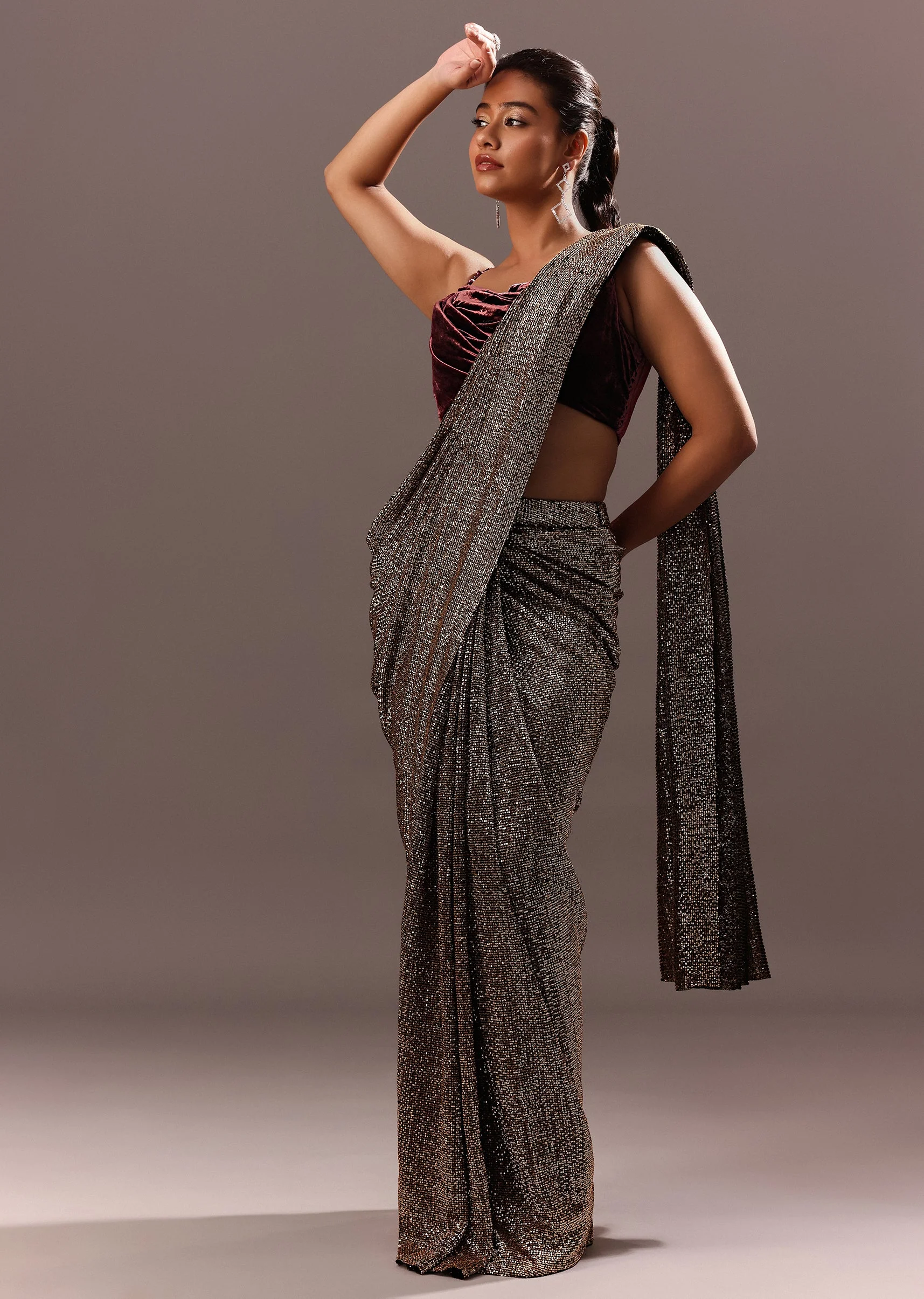 Pre Stitched Brown Sequined Saree With Cowl Blouse