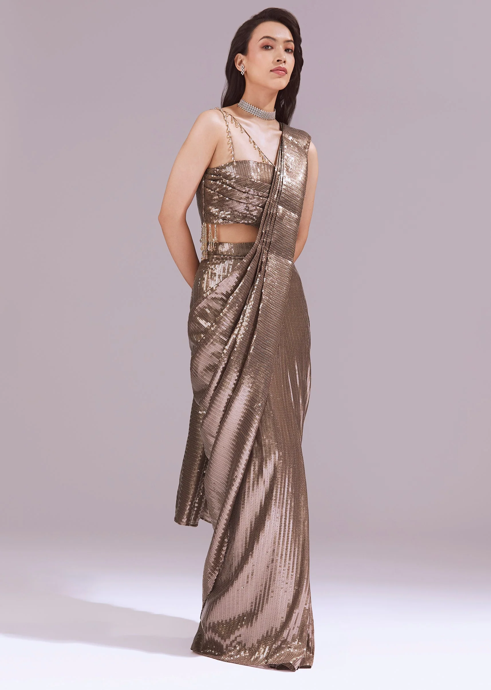 7296-gold-ready-pleated-saree-with-sequins-dory-work-and-cowl-neck-1.webp Gold Ready Pleated Saree With Sequins Dory Work And Cowl Neck