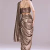 Gold Ready Pleated Saree With Sequins Dory Work And Cowl Neck