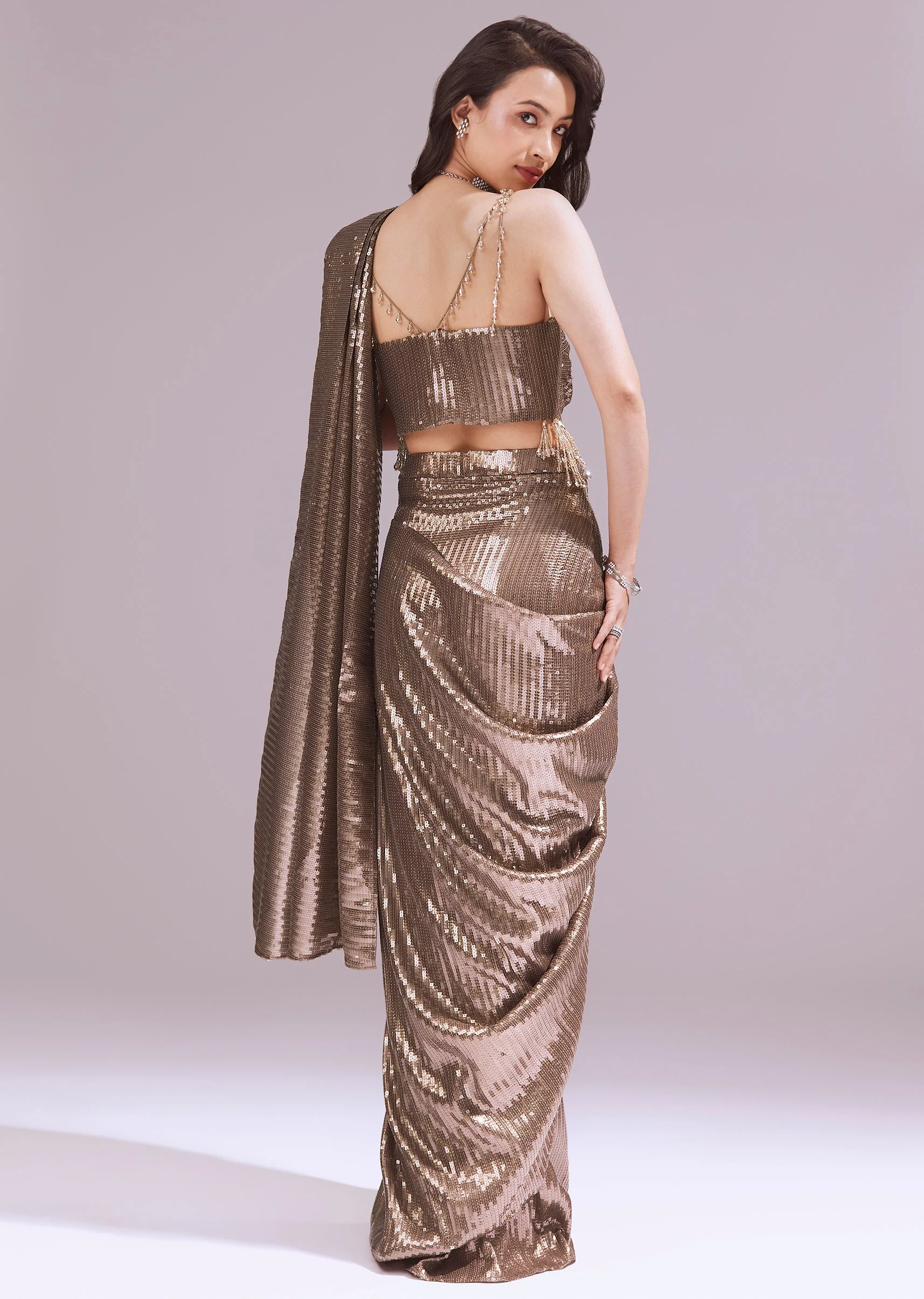 Gold Ready Pleated Saree With Sequins Dory Work And Cowl Neck