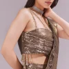 Gold Ready Pleated Saree With Sequins Dory Work And Cowl Neck