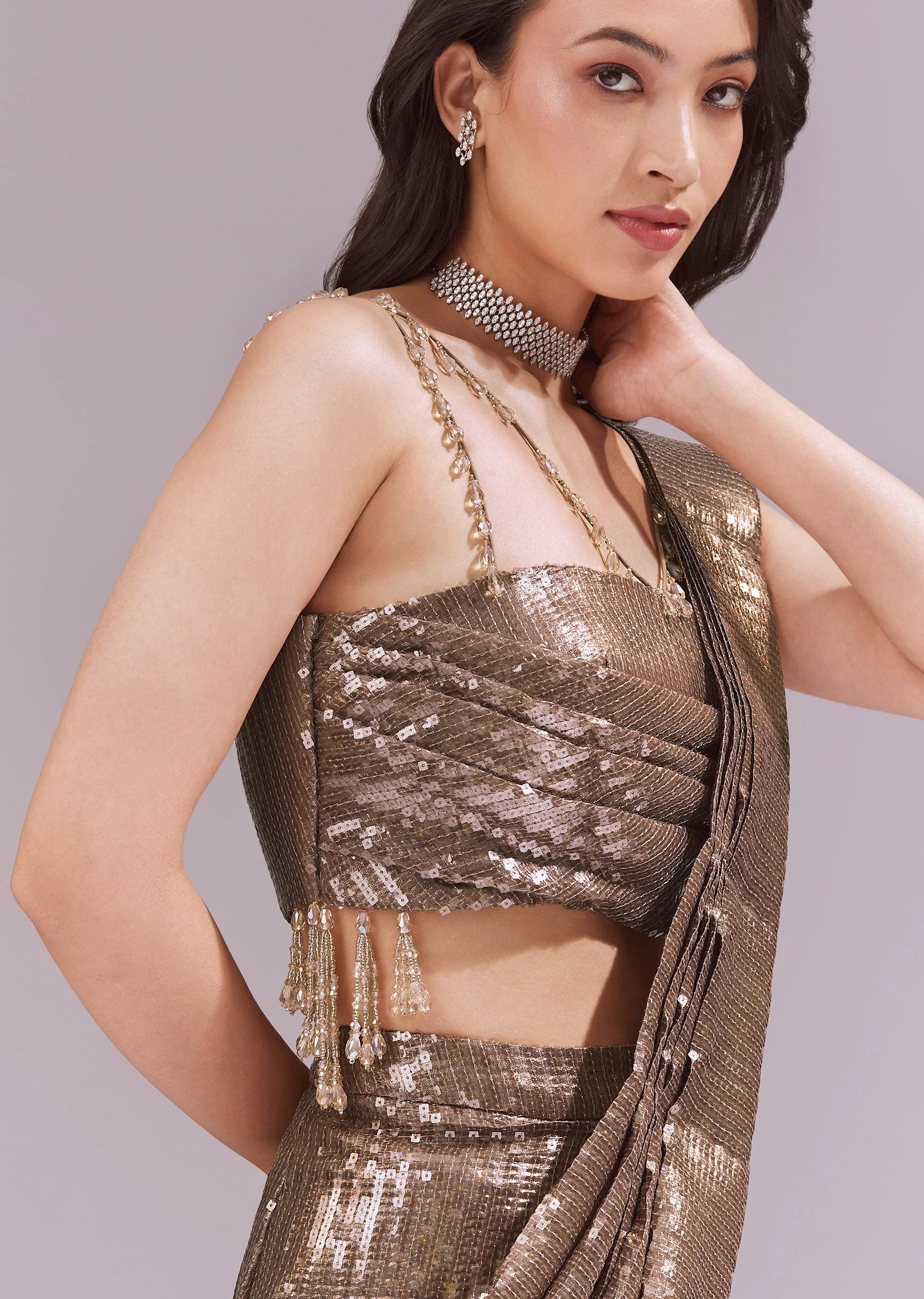 Gold Ready Pleated Saree With Sequins Dory Work And Cowl Neck