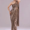 Gold Ready Pleated Saree With Sequins Dory Work And Cowl Neck