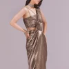 Gold Ready Pleated Saree With Sequins Dory Work And Cowl Neck