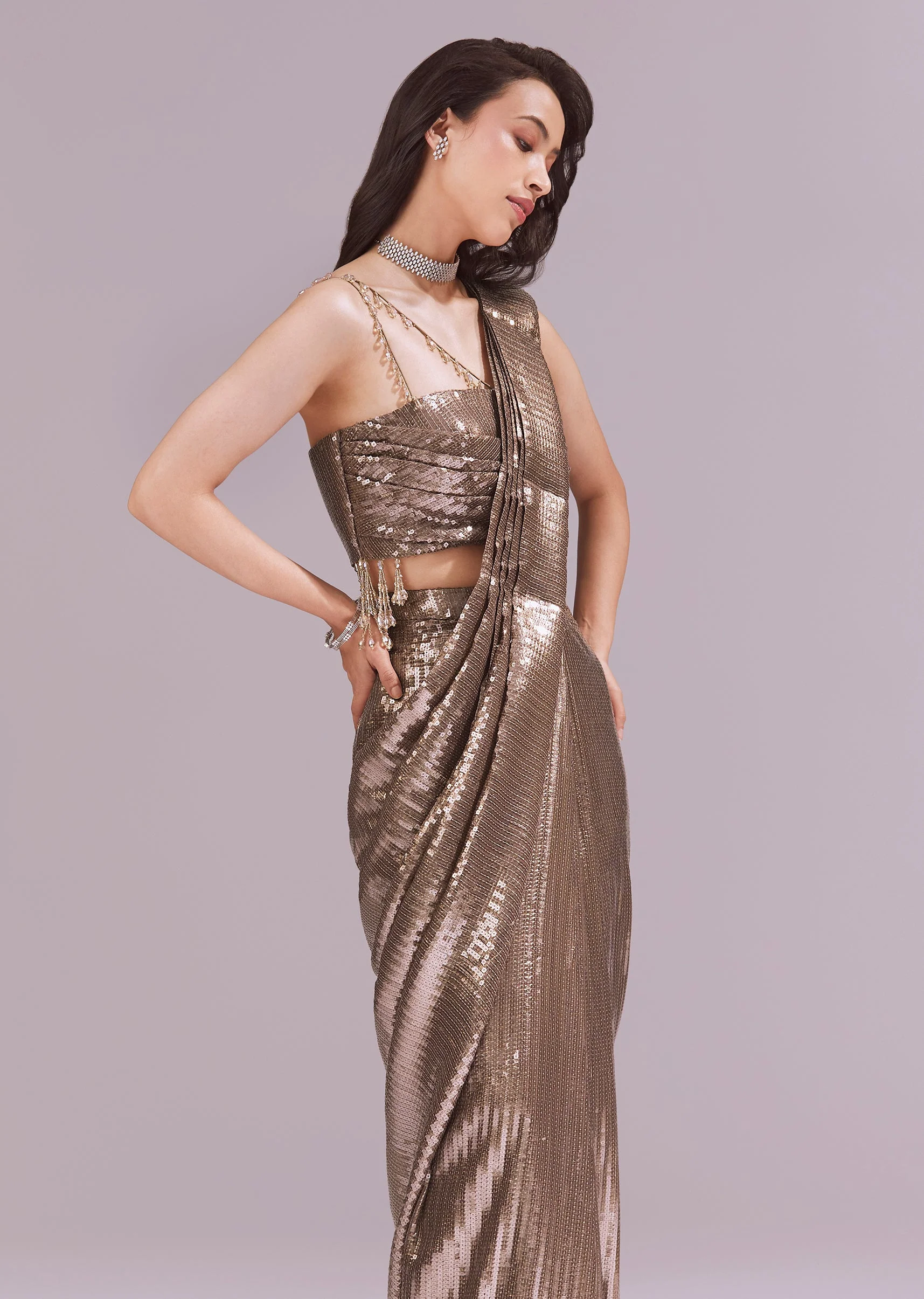 Gold Ready Pleated Saree With Sequins Dory Work And Cowl Neck