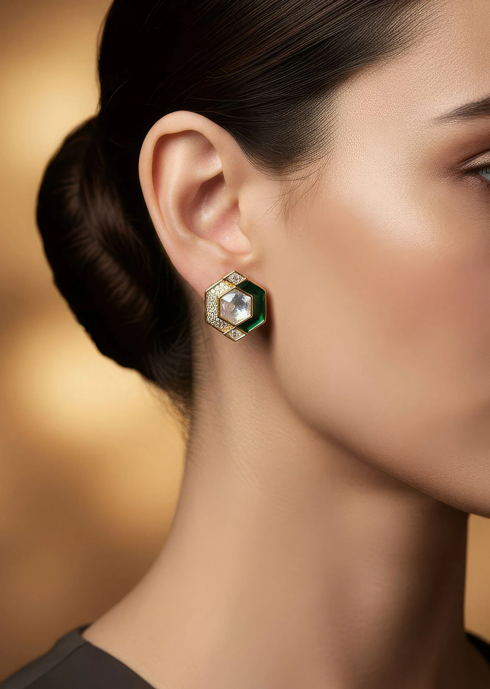 730-gold-finish-hexagonal-stud-earrings-with-green-enamel-and-clear-stones-1.webp Gold Finish Hexagonal Stud Earrings With Green Enamel and Clear Stones