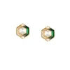 730-gold-finish-hexagonal-stud-earrings-with-green-enamel-and-clear-stones-2.webp Gold Finish Hexagonal Stud Earrings With Green Enamel and Clear Stones