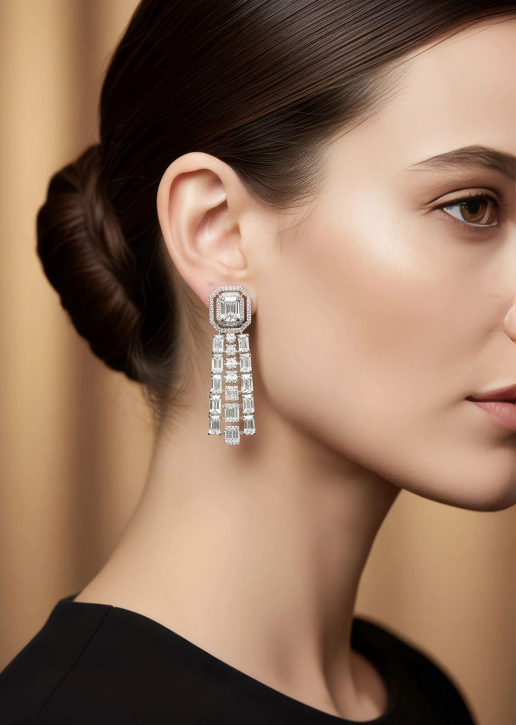 Silver Finish Art Deco Inspired Earrings With Baguette Style Accents