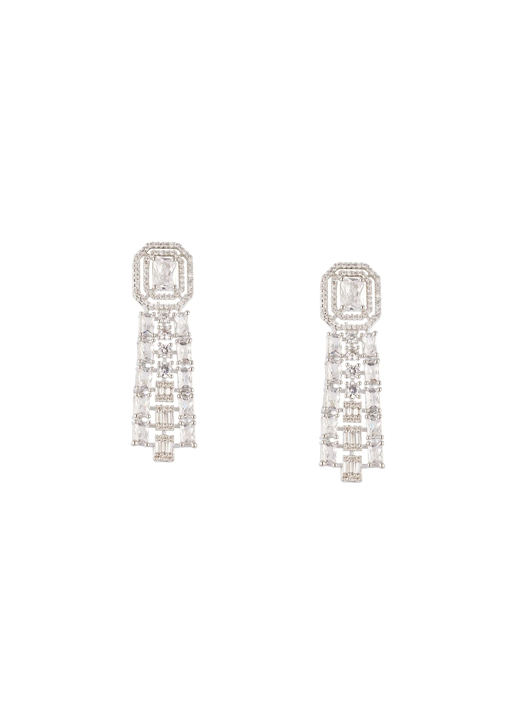 731-silver-finish-art-deco-inspired-earrings-with-baguette-style-accents-2.webp Silver Finish Art Deco Inspired Earrings With Baguette Style Accents
