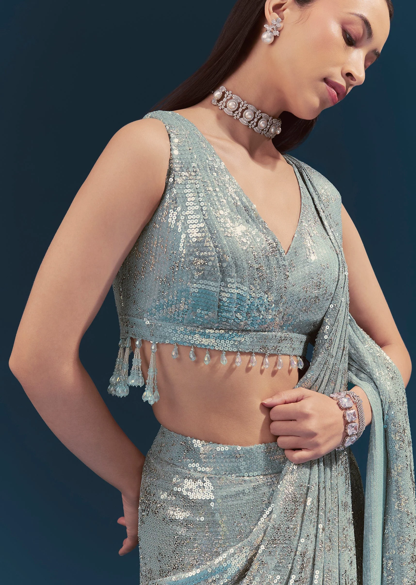 Mint Blue Ready Pleated Saree Set