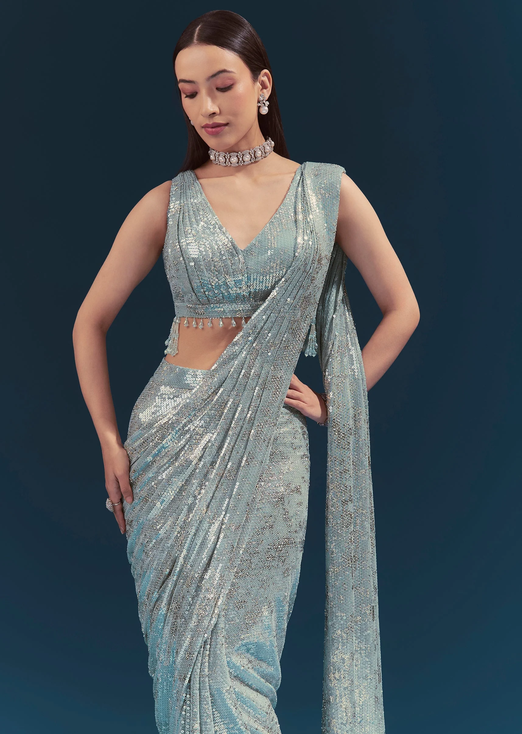 Mint Blue Ready Pleated Saree Set