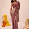 Wine Ombre Sequin Pleated Saree With Cowl Blouse
