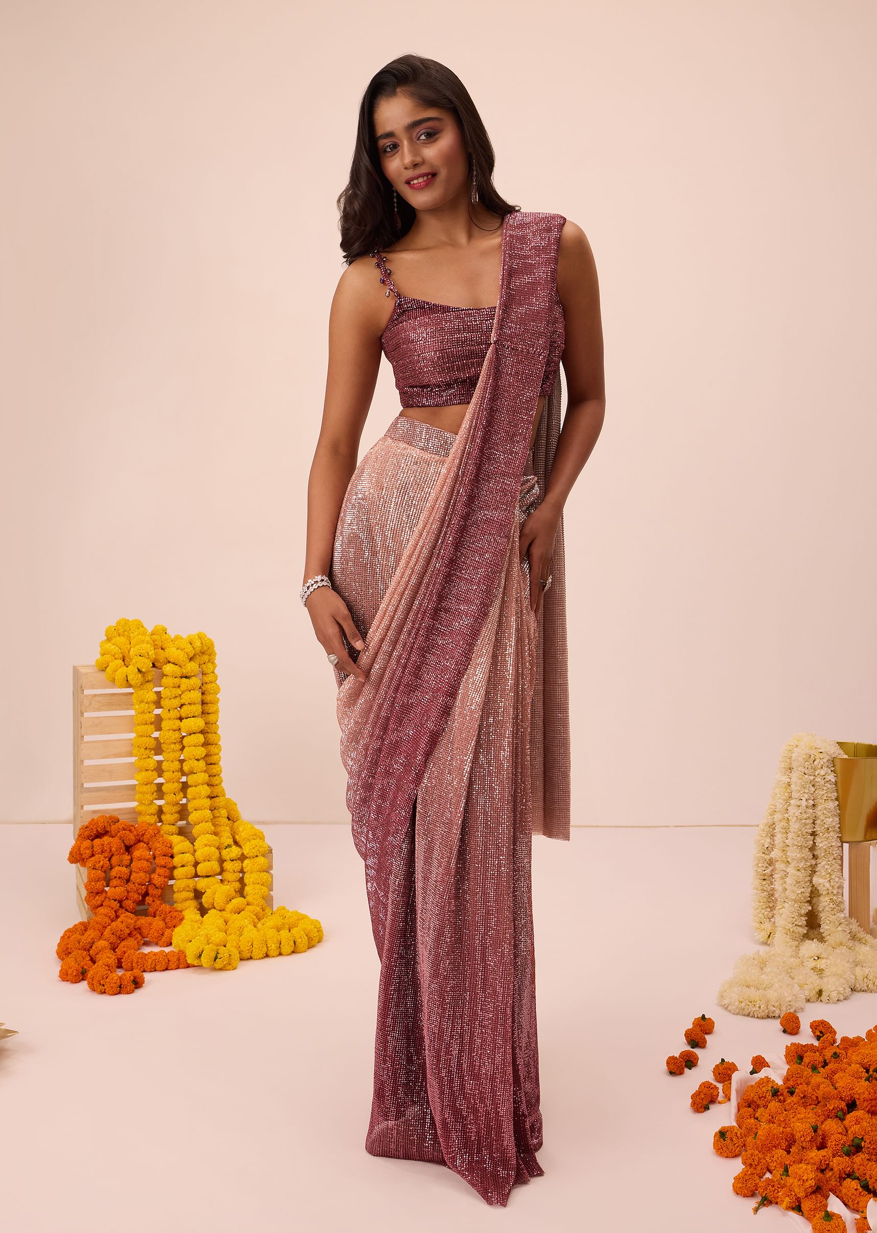 7332-wine-ombre-sequin-pleated-saree-with-cowl-blouse-1.jpg Wine Ombre Sequin Pleated Saree With Cowl Blouse