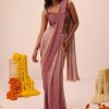 Wine Ombre Sequin Pleated Saree With Cowl Blouse
